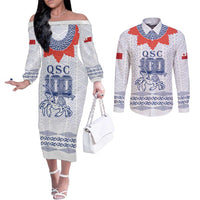 Queen Salote College 100 Years Anniversary Personalized Couples Matching Off The Shoulder Long Sleeve Dress and Long Sleeve Button Shirt Tonga QSC White LT7 White - Polynesian Pride
