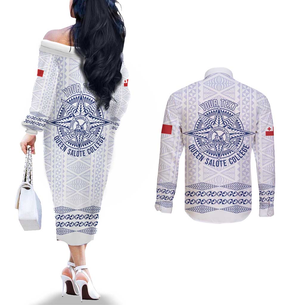 Queen Salote College 100 Years Anniversary Personalized Couples Matching Off The Shoulder Long Sleeve Dress and Long Sleeve Button Shirt Tonga QSC White LT7 - Polynesian Pride