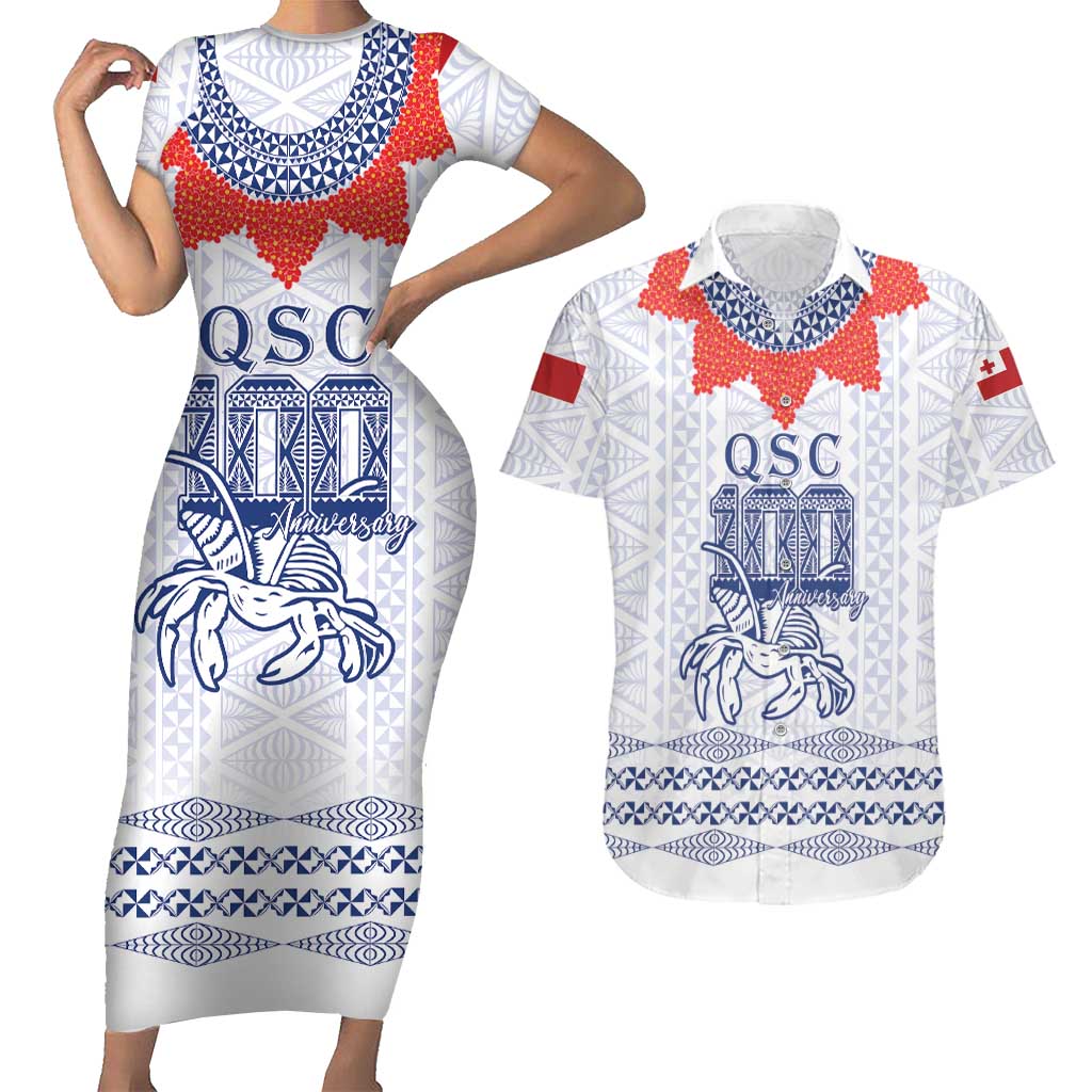 Queen Salote College 100 Years Anniversary Personalized Couples Matching Short Sleeve Bodycon Dress and Hawaiian Shirt Tonga QSC White LT7 White - Polynesian Pride