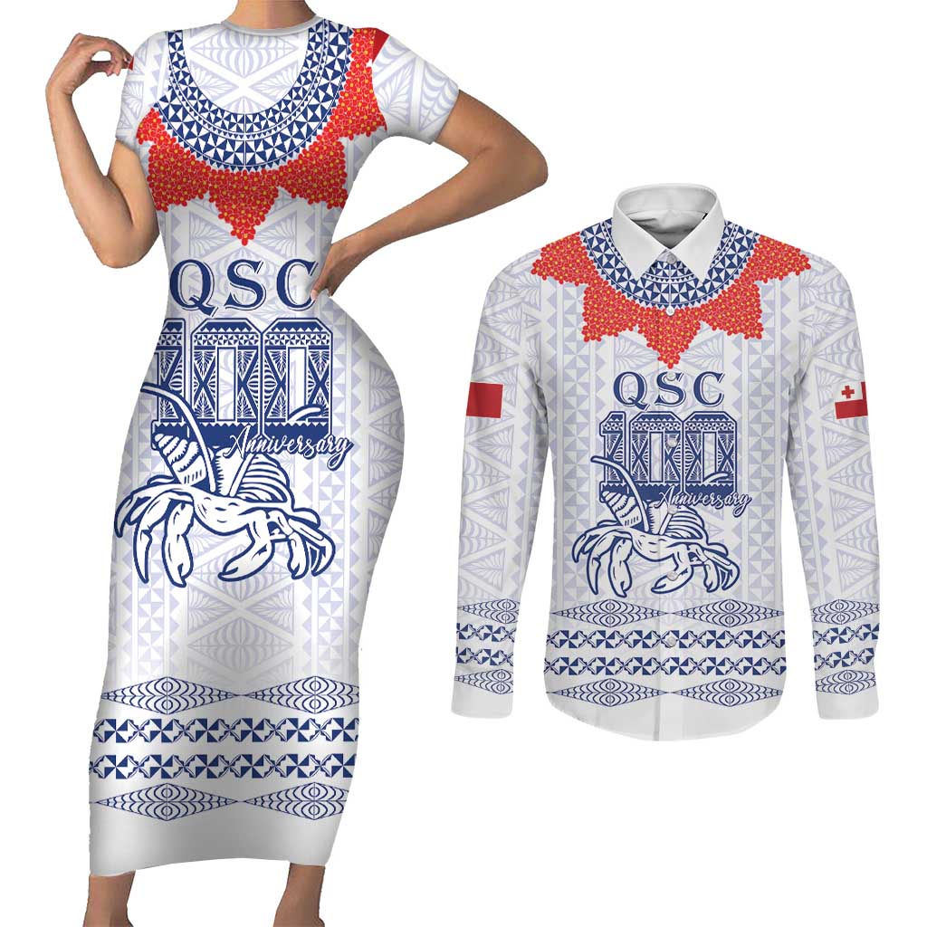 Queen Salote College 100 Years Anniversary Personalized Couples Matching Short Sleeve Bodycon Dress and Long Sleeve Button Shirt Tonga QSC White LT7 White - Polynesian Pride