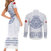 Queen Salote College 100 Years Anniversary Personalized Couples Matching Short Sleeve Bodycon Dress and Long Sleeve Button Shirt Tonga QSC White LT7 - Polynesian Pride
