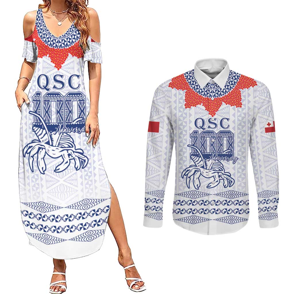 Queen Salote College 100 Years Anniversary Personalized Couples Matching Summer Maxi Dress and Long Sleeve Button Shirt Tonga QSC White - Polynesian Pride