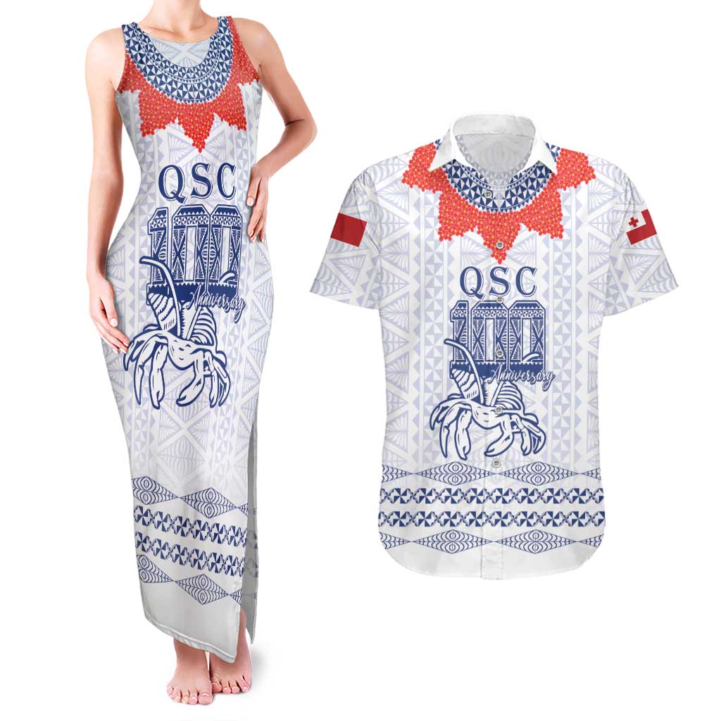 Queen Salote College 100 Years Anniversary Personalized Couples Matching Tank Maxi Dress and Hawaiian Shirt Tonga QSC White LT7 White - Polynesian Pride