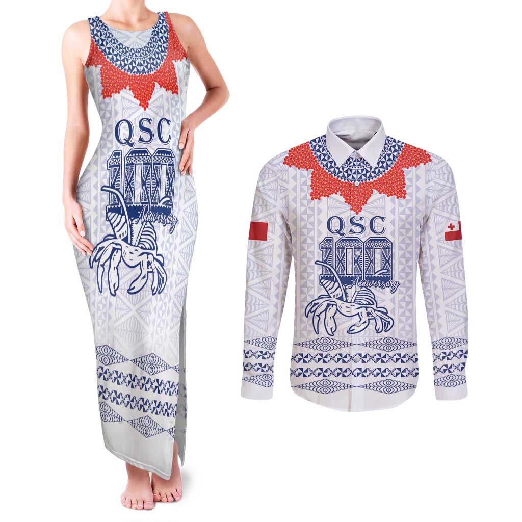 Queen Salote College 100 Years Anniversary Personalized Couples Matching Tank Maxi Dress and Long Sleeve Button Shirt Tonga QSC White LT7 White - Polynesian Pride