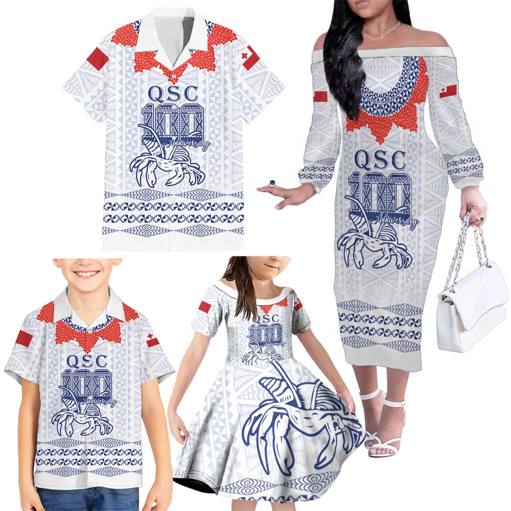 Queen Salote College 100 Years Anniversary Personalized Family Matching Off The Shoulder Long Sleeve Dress and Hawaiian Shirt Tonga QSC White LT7 - Polynesian Pride