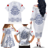Queen Salote College 100 Years Anniversary Personalized Family Matching Off The Shoulder Long Sleeve Dress and Hawaiian Shirt Tonga QSC White LT7 - Polynesian Pride
