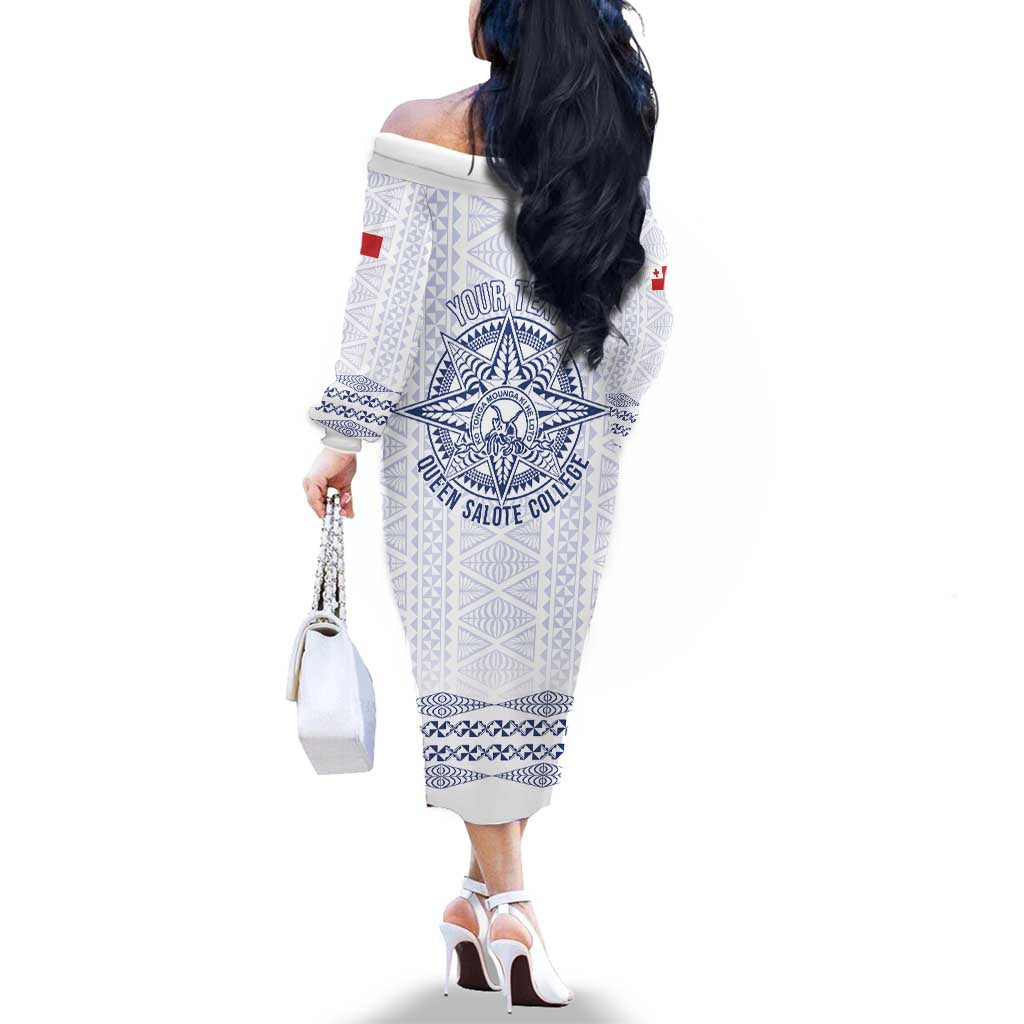 Queen Salote College 100 Years Anniversary Personalized Family Matching Off The Shoulder Long Sleeve Dress and Hawaiian Shirt Tonga QSC White LT7 - Polynesian Pride