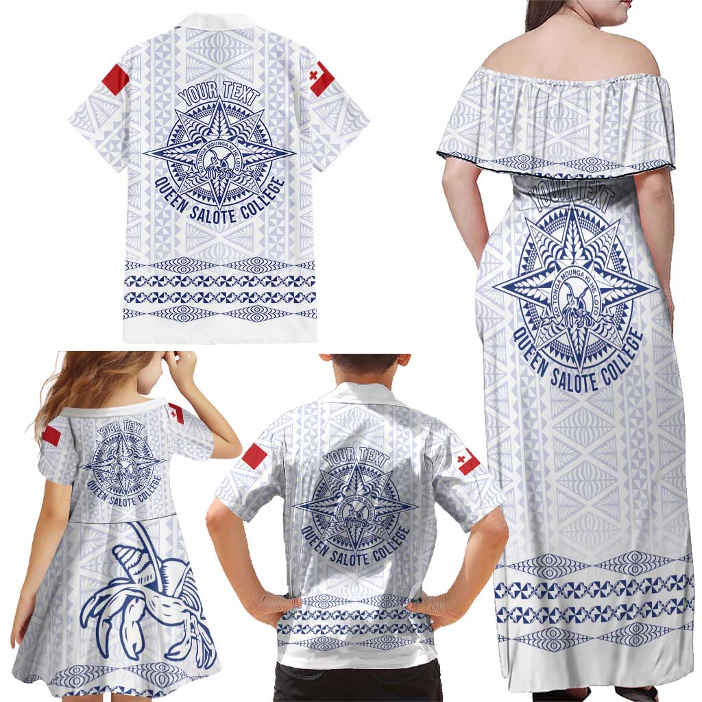 Queen Salote College 100 Years Anniversary Personalized Family Matching Off Shoulder Maxi Dress and Hawaiian Shirt Tonga QSC White LT7 - Polynesian Pride