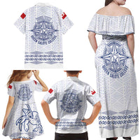 Queen Salote College 100 Years Anniversary Personalized Family Matching Off Shoulder Maxi Dress and Hawaiian Shirt Tonga QSC White LT7 - Polynesian Pride