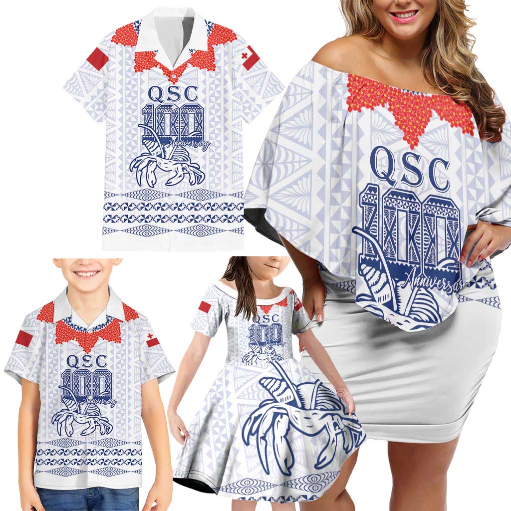 Queen Salote College 100 Years Anniversary Personalized Family Matching Off Shoulder Short Dress and Hawaiian Shirt Tonga QSC White - Polynesian Pride
