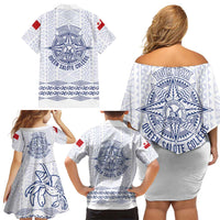 Queen Salote College 100 Years Anniversary Personalized Family Matching Off Shoulder Short Dress and Hawaiian Shirt Tonga QSC White LT7 - Polynesian Pride
