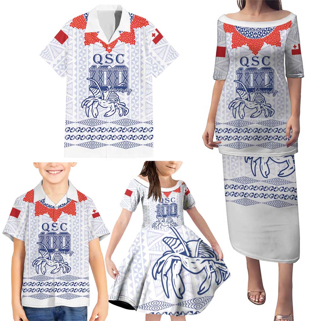 Queen Salote College 100 Years Anniversary Personalized Family Matching Puletasi and Hawaiian Shirt Tonga QSC White - Polynesian Pride