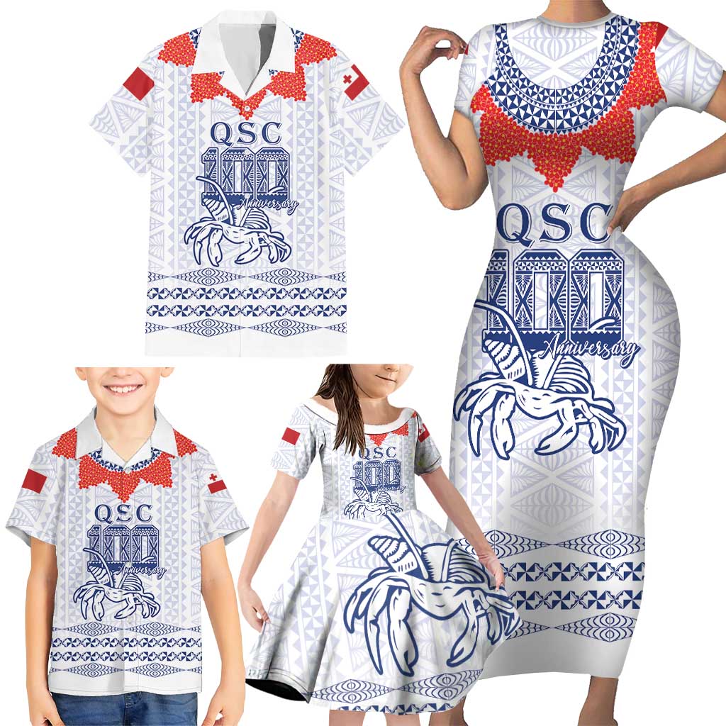 Queen Salote College 100 Years Anniversary Personalized Family Matching Short Sleeve Bodycon Dress and Hawaiian Shirt Tonga QSC White LT7 - Polynesian Pride