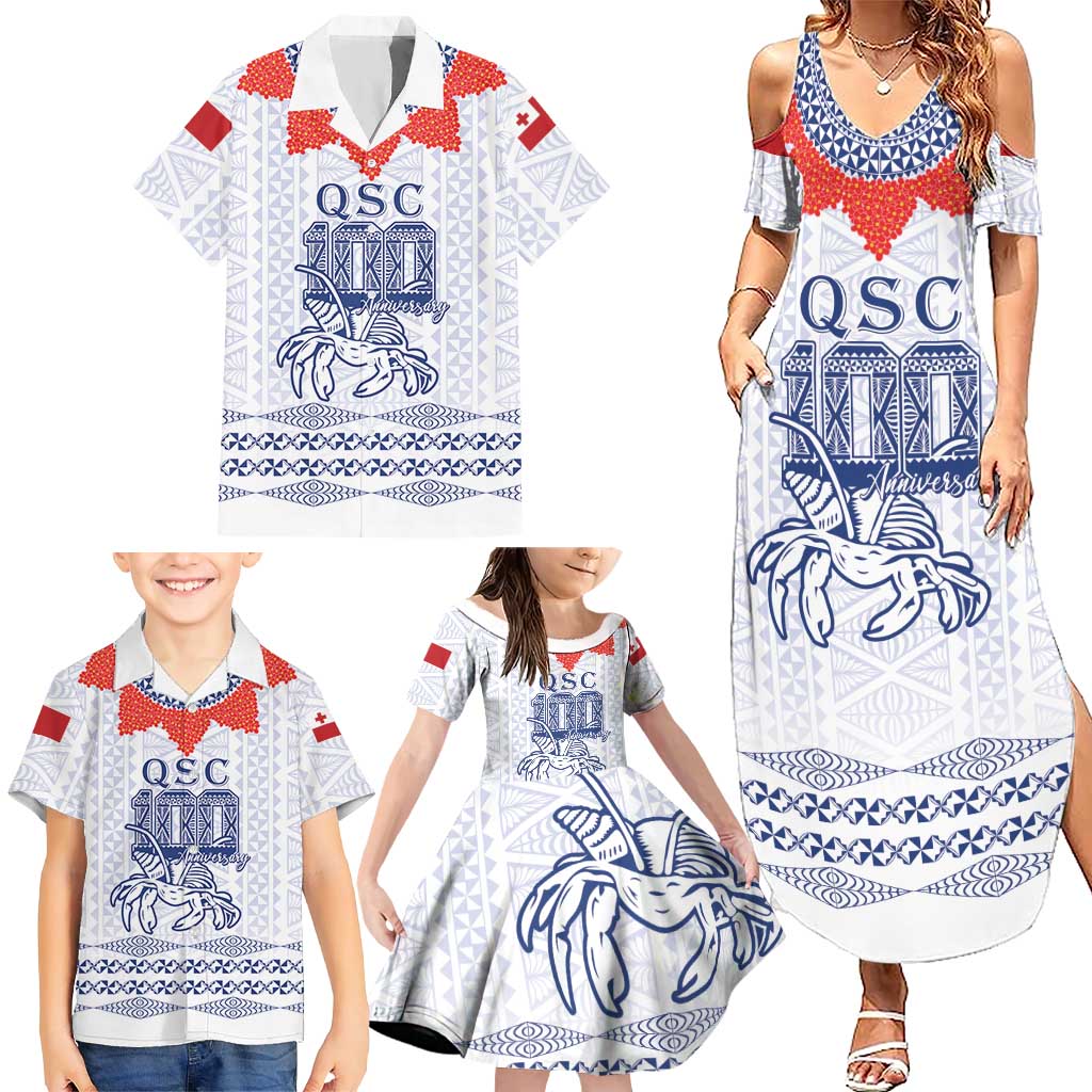 Queen Salote College 100 Years Anniversary Personalized Family Matching Summer Maxi Dress and Hawaiian Shirt Tonga QSC White - Polynesian Pride