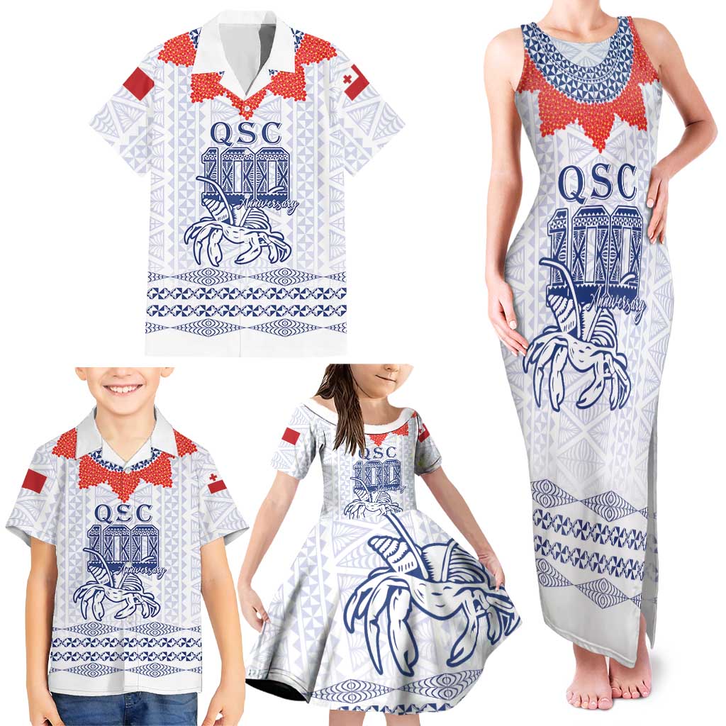 Queen Salote College 100 Years Anniversary Personalized Family Matching Tank Maxi Dress and Hawaiian Shirt Tonga QSC White LT7 - Polynesian Pride
