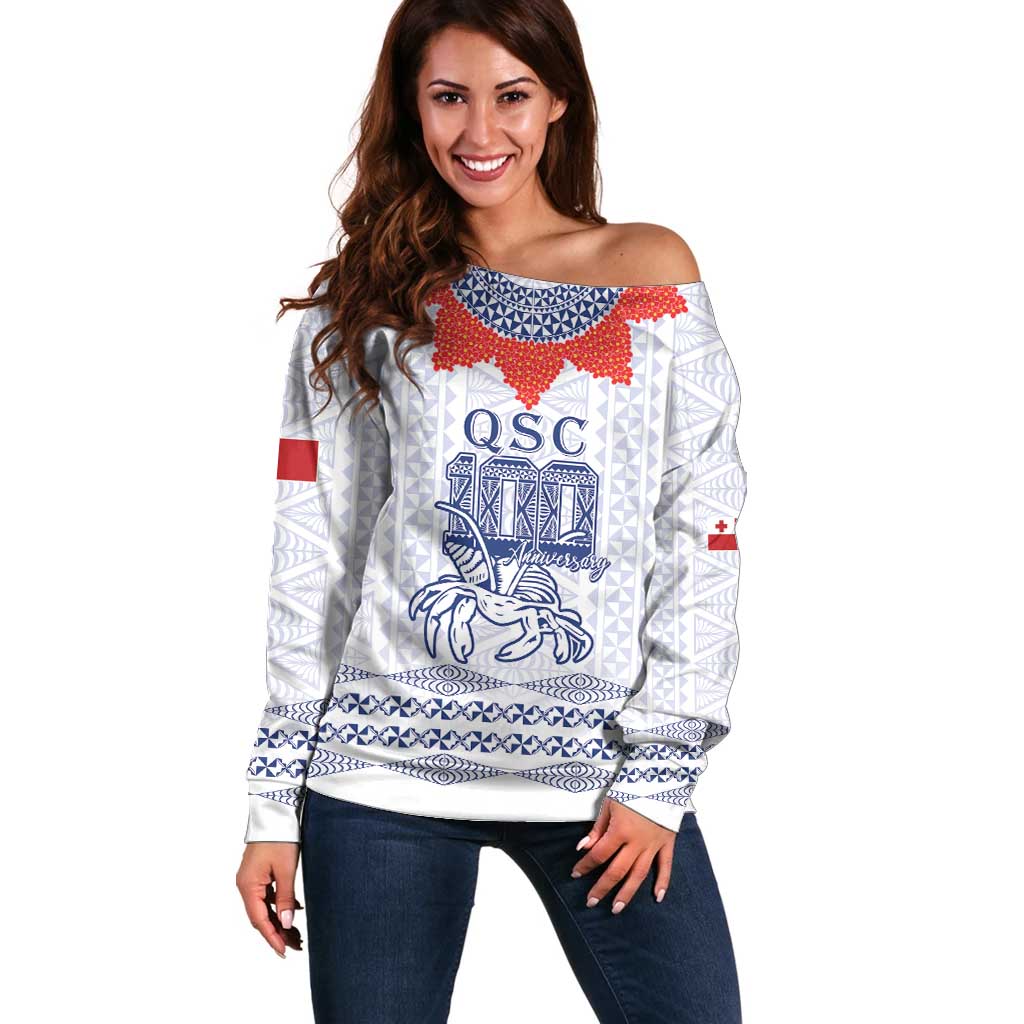Queen Salote College 100 Years Anniversary Personalized Off Shoulder Sweater Tonga QSC White LT7 Women White - Polynesian Pride