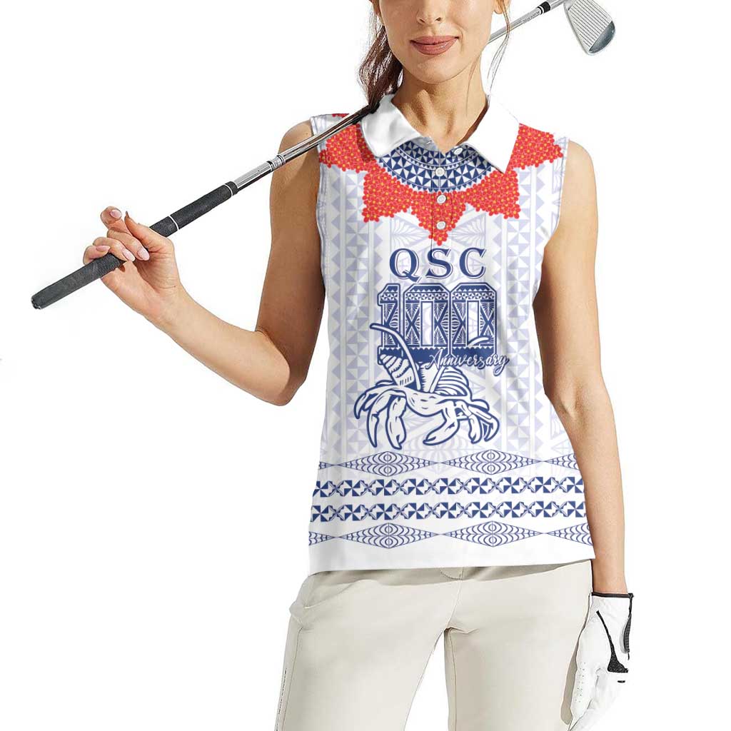 Queen Salote College 100 Years Anniversary Personalized Women Sleeveless Polo Shirt Tonga QSC White - Polynesian Pride