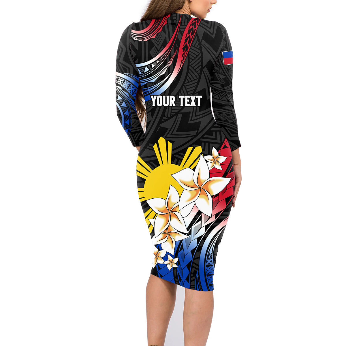 Personalised Philippines Tribal Family Matching Long Sleeve Bodycon Dress and Hawaiian Shirt Mix Plumeria - Flag Colors LT7 - Polynesian Pride