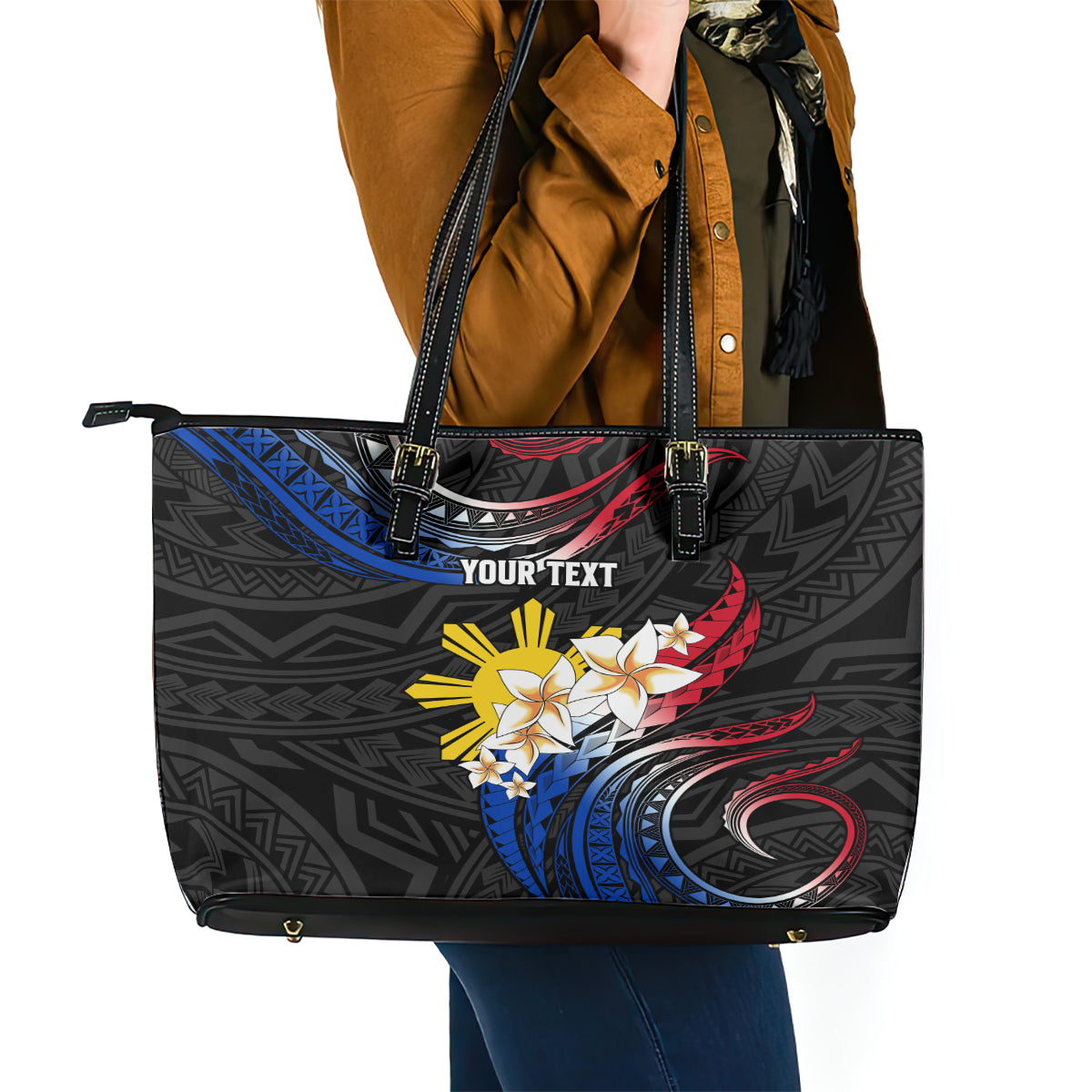 Personalised Philippines Tribal Leather Tote Bag Mix Plumeria - Flag Colors LT7 - Polynesian Pride