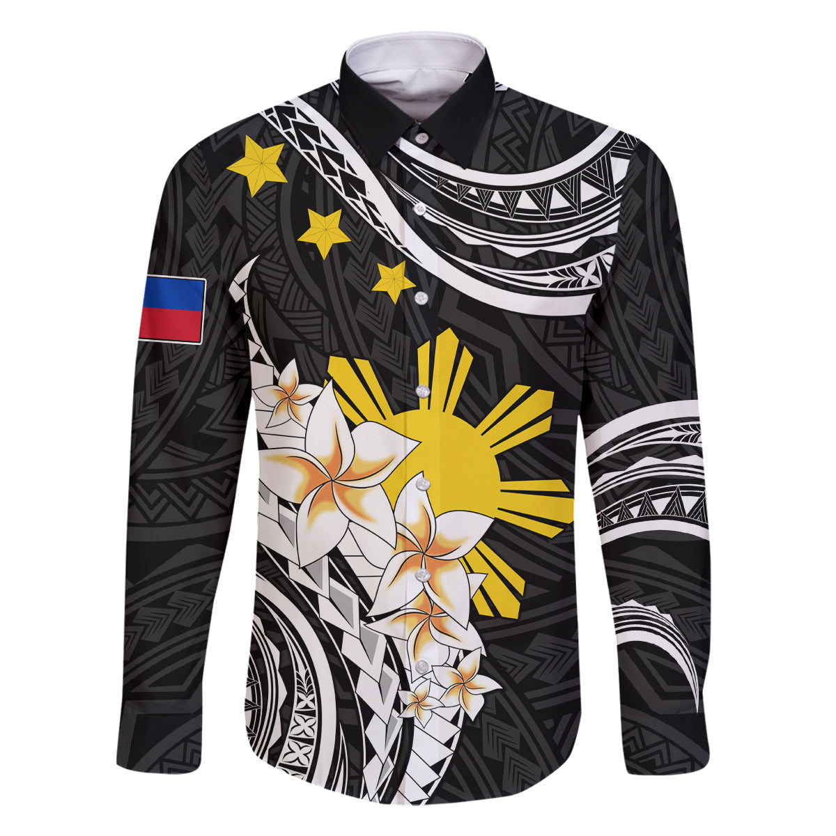 Personalised Philippines Tribal Family Matching Off Shoulder Short Dress and Hawaiian Shirt Mix Plumeria LT7 Dad's Shirt - Long Sleeve Black - Polynesian Pride