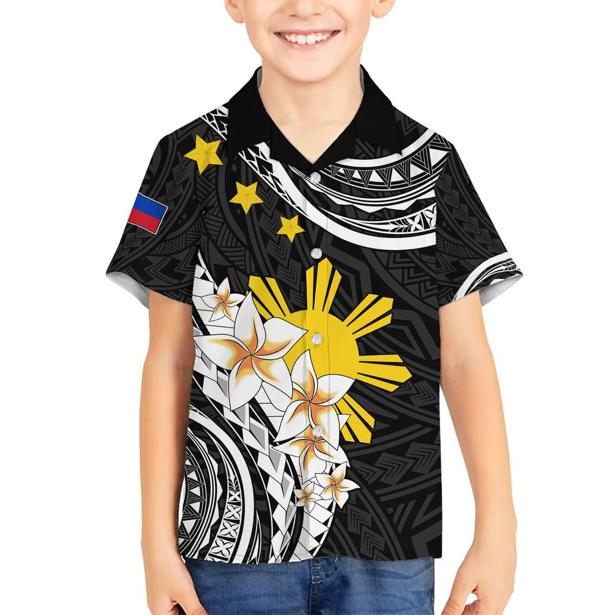 Personalised Philippines Tribal Family Matching Short Sleeve Bodycon Dress and Hawaiian Shirt Mix Plumeria LT7 Son's Shirt Black - Polynesian Pride