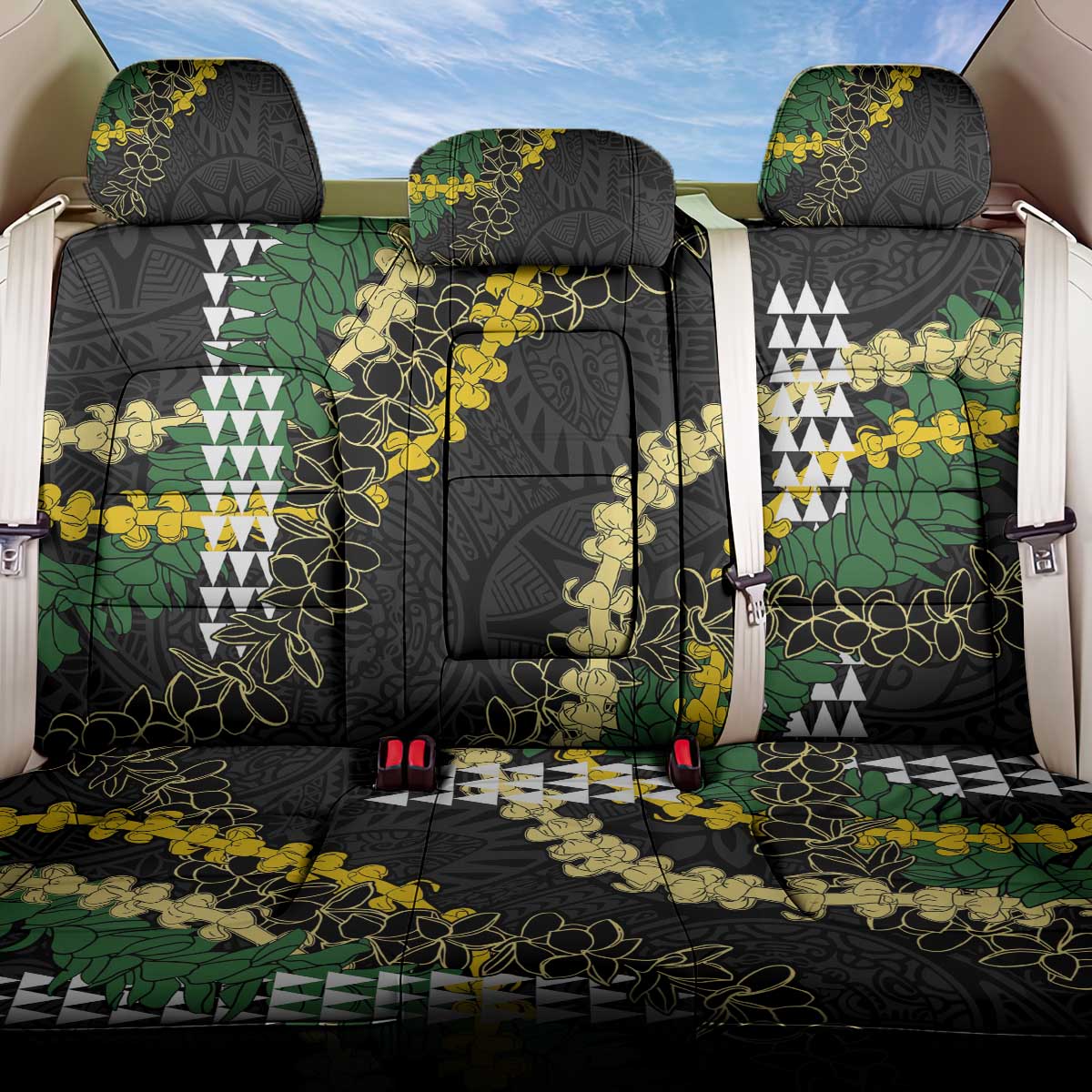 Hawaii Aloha Kakau Back Car Seat Cover Puakenikeni and Maile Lei Twist LT7 One Size Black - Polynesian Pride