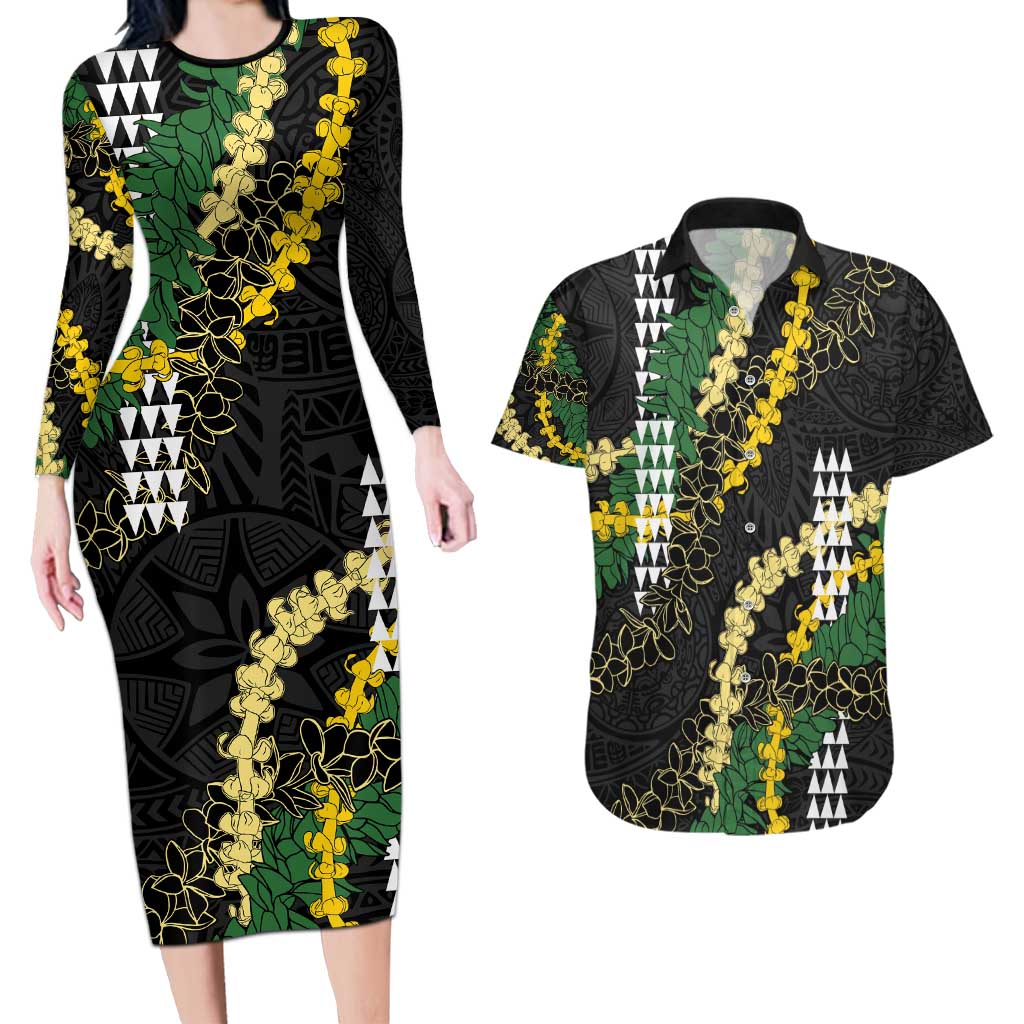 Hawaii Aloha Kakau Couples Matching Long Sleeve Bodycon Dress and Hawaiian Shirt Puakenikeni and Maile Lei Twist LT7 Black - Polynesian Pride