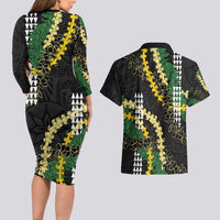Hawaii Aloha Kakau Couples Matching Long Sleeve Bodycon Dress and Hawaiian Shirt Puakenikeni and Maile Lei Twist LT7 - Polynesian Pride