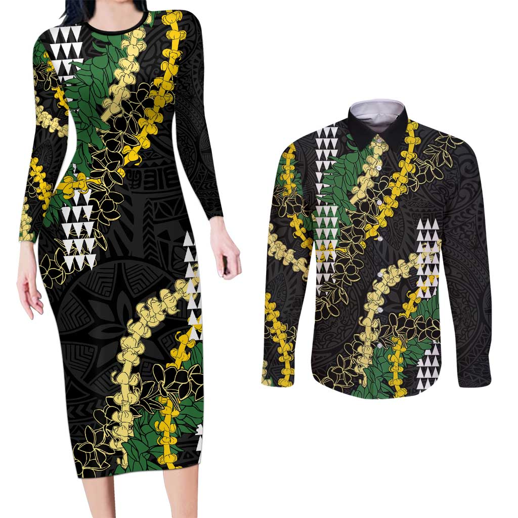 Hawaii Aloha Kakau Couples Matching Long Sleeve Bodycon Dress and Long Sleeve Button Shirt Puakenikeni and Maile Lei Twist LT7 Black - Polynesian Pride