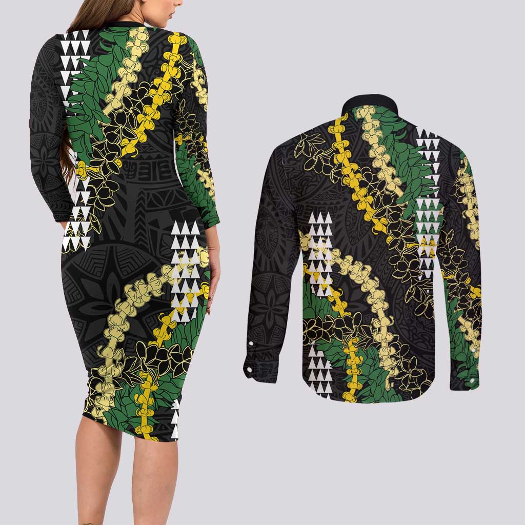 Hawaii Aloha Kakau Couples Matching Long Sleeve Bodycon Dress and Long Sleeve Button Shirt Puakenikeni and Maile Lei Twist LT7 - Polynesian Pride
