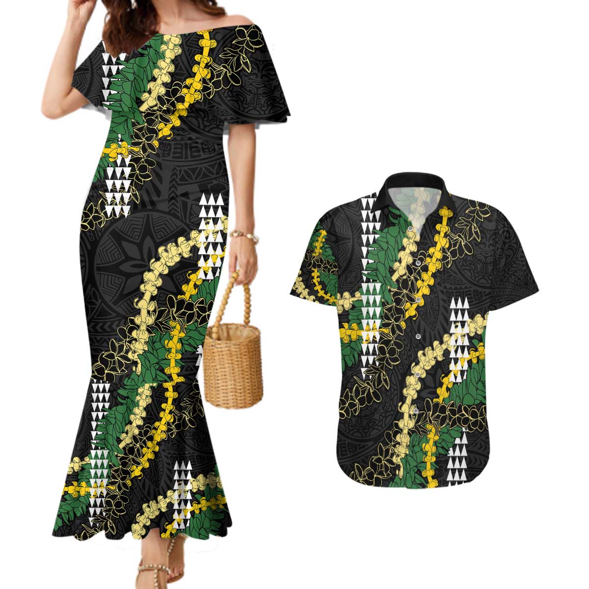 Hawaii Aloha Kakau Couples Matching Mermaid Dress and Hawaiian Shirt Puakenikeni and Maile Lei Twist