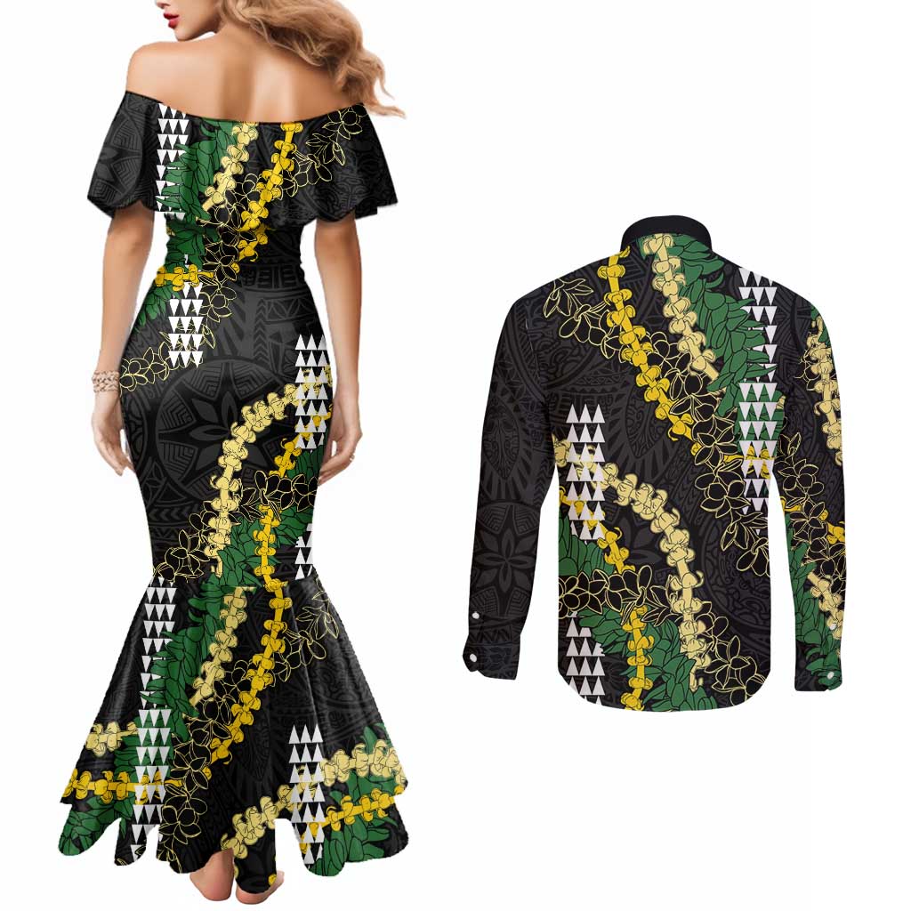Hawaii Aloha Kakau Couples Matching Mermaid Dress and Long Sleeve Button Shirt Puakenikeni and Maile Lei Twist LT7 - Polynesian Pride