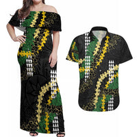 Hawaii Aloha Kakau Couples Matching Off Shoulder Maxi Dress and Hawaiian Shirt Puakenikeni and Maile Lei Twist LT7 Black - Polynesian Pride