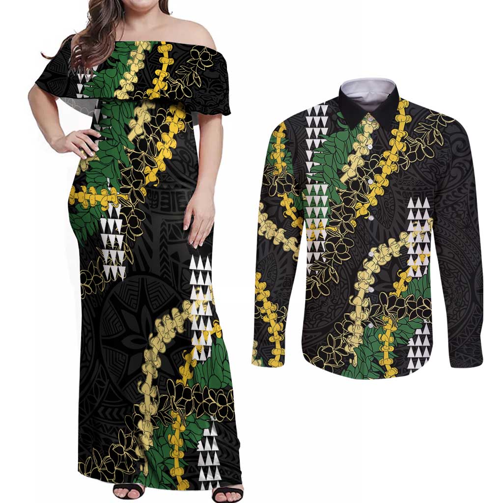 Hawaii Aloha Kakau Couples Matching Off Shoulder Maxi Dress and Long Sleeve Button Shirt Puakenikeni and Maile Lei Twist LT7 Black - Polynesian Pride