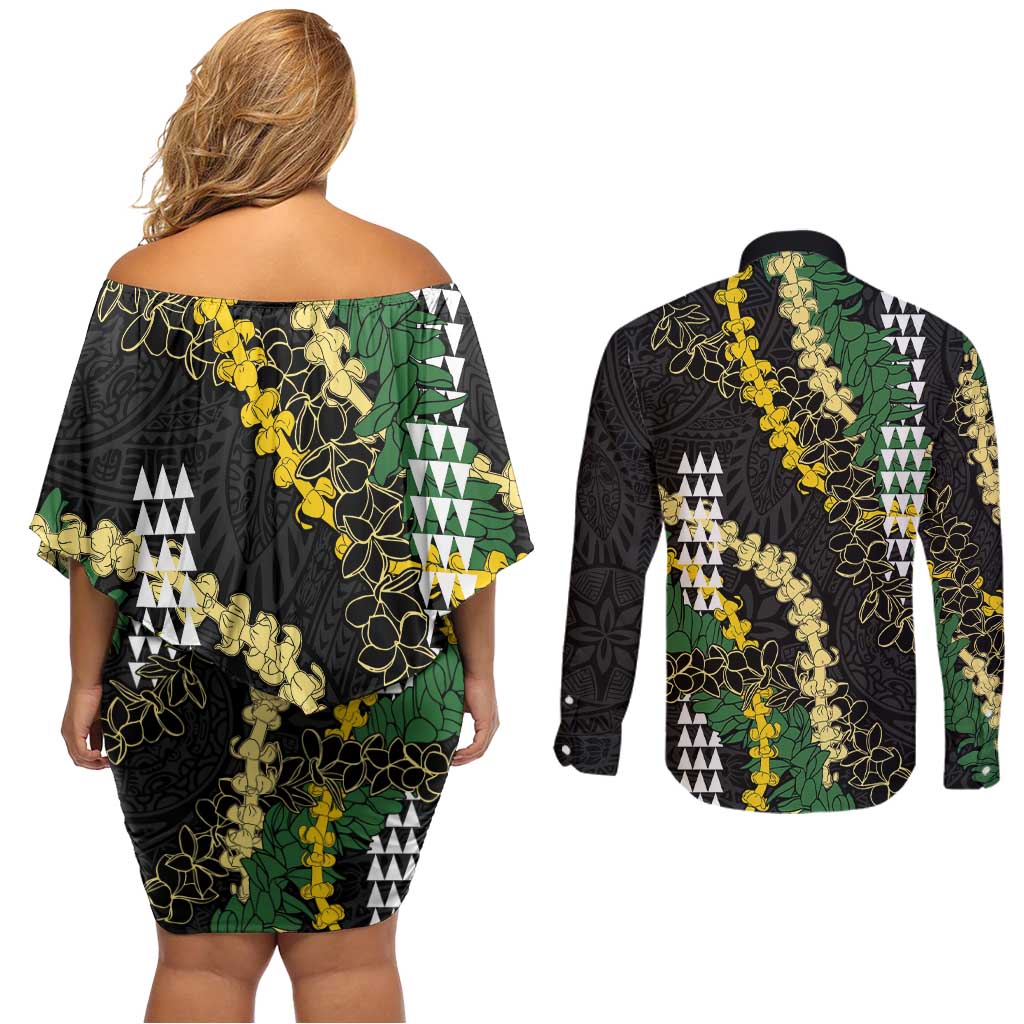 Hawaii Aloha Kakau Couples Matching Off Shoulder Short Dress and Long Sleeve Button Shirt Puakenikeni and Maile Lei Twist LT7 - Polynesian Pride