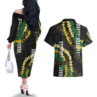 Hawaii Aloha Kakau Couples Matching Off The Shoulder Long Sleeve Dress and Hawaiian Shirt Puakenikeni and Maile Lei Twist LT7 - Polynesian Pride
