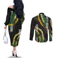 Hawaii Aloha Kakau Couples Matching Off The Shoulder Long Sleeve Dress and Long Sleeve Button Shirt Puakenikeni and Maile Lei Twist LT7 - Polynesian Pride