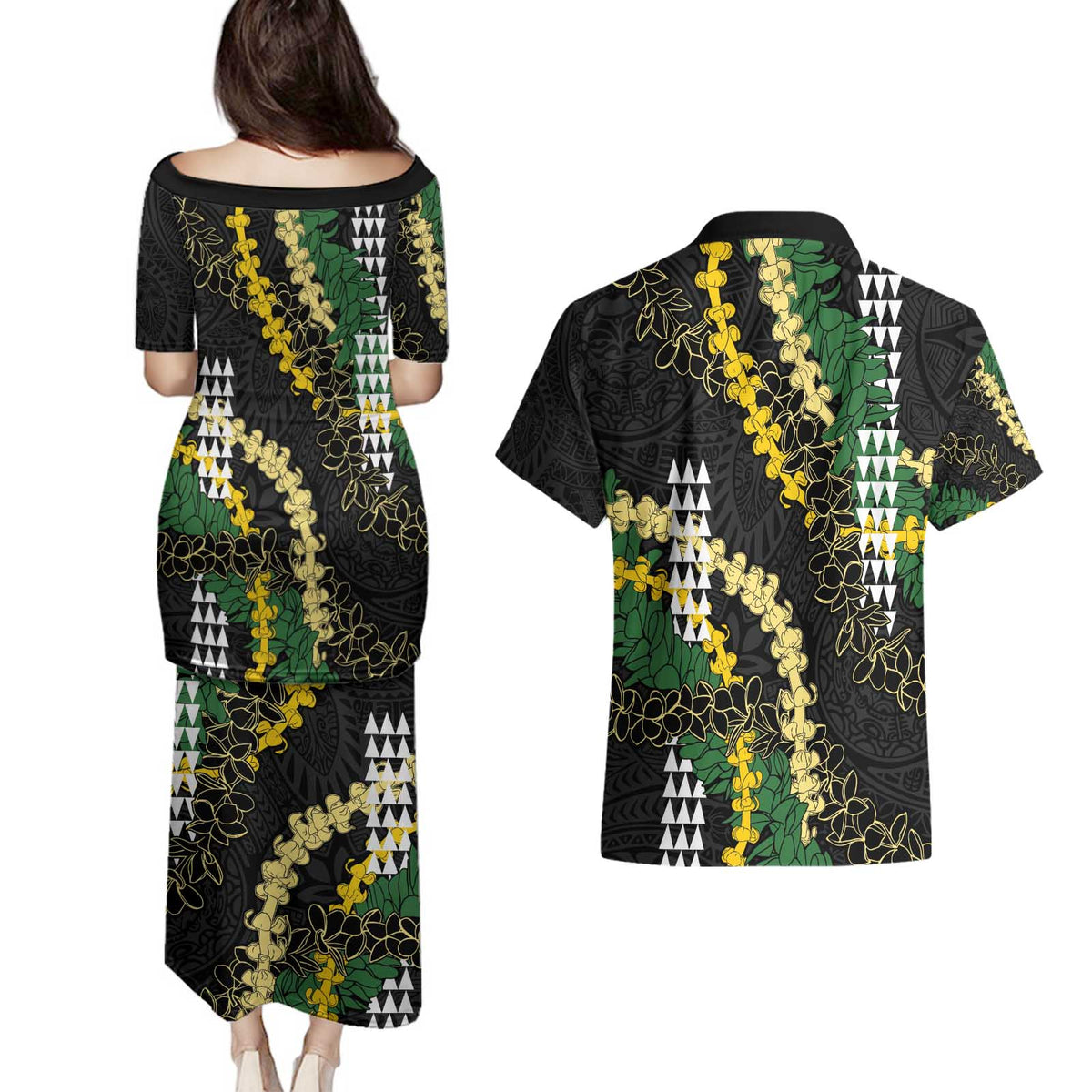 Hawaii Aloha Kakau Couples Matching Puletasi and Hawaiian Shirt Puakenikeni and Maile Lei Twist LT7 - Polynesian Pride