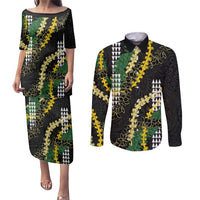 Hawaii Aloha Kakau Couples Matching Puletasi and Long Sleeve Button Shirt Puakenikeni and Maile Lei Twist LT7 Black - Polynesian Pride
