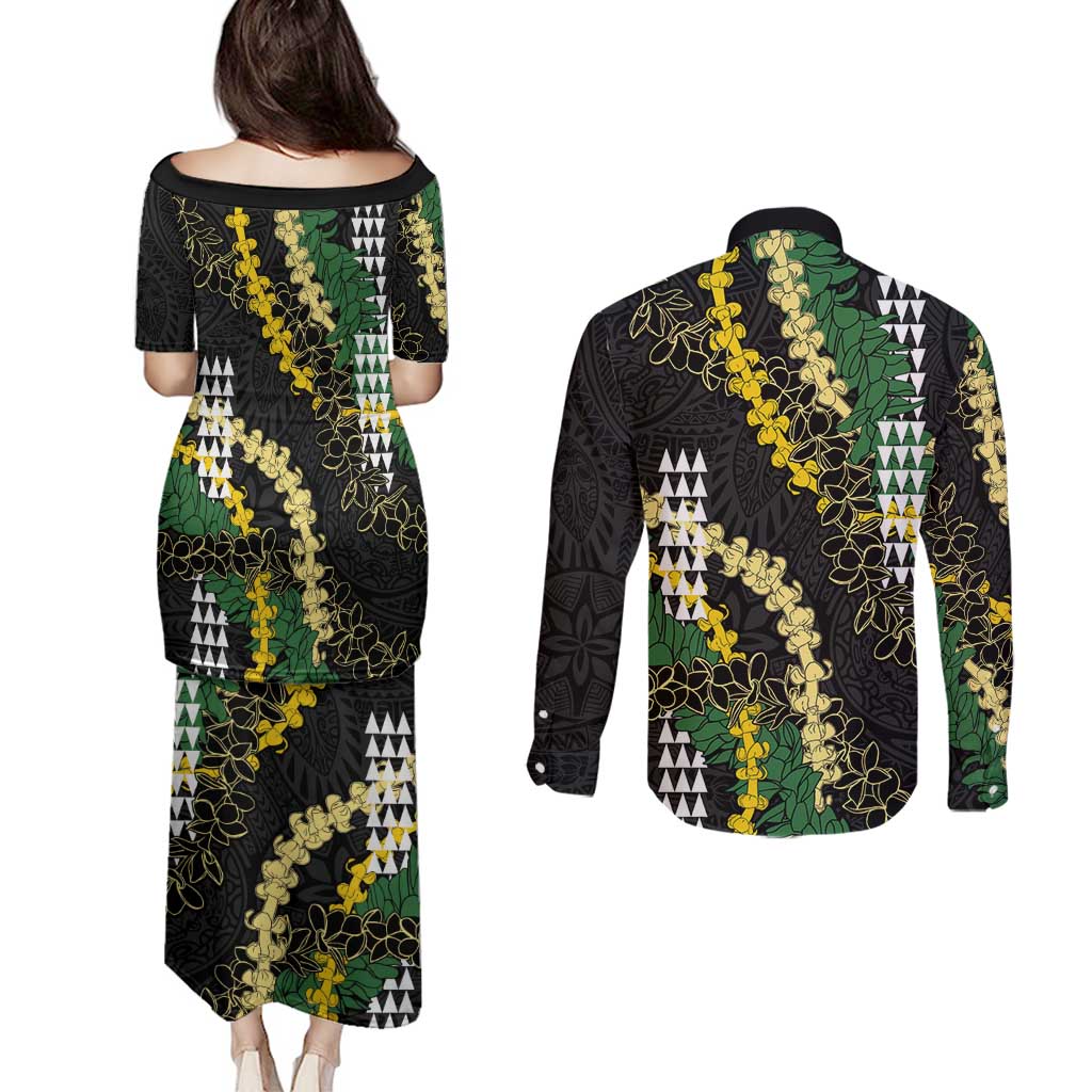 Hawaii Aloha Kakau Couples Matching Puletasi and Long Sleeve Button Shirt Puakenikeni and Maile Lei Twist LT7 - Polynesian Pride
