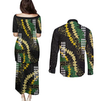 Hawaii Aloha Kakau Couples Matching Puletasi and Long Sleeve Button Shirt Puakenikeni and Maile Lei Twist LT7 - Polynesian Pride