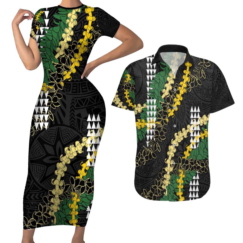 Hawaii Aloha Kakau Couples Matching Short Sleeve Bodycon Dress and Hawaiian Shirt Puakenikeni and Maile Lei Twist LT7 Black - Polynesian Pride