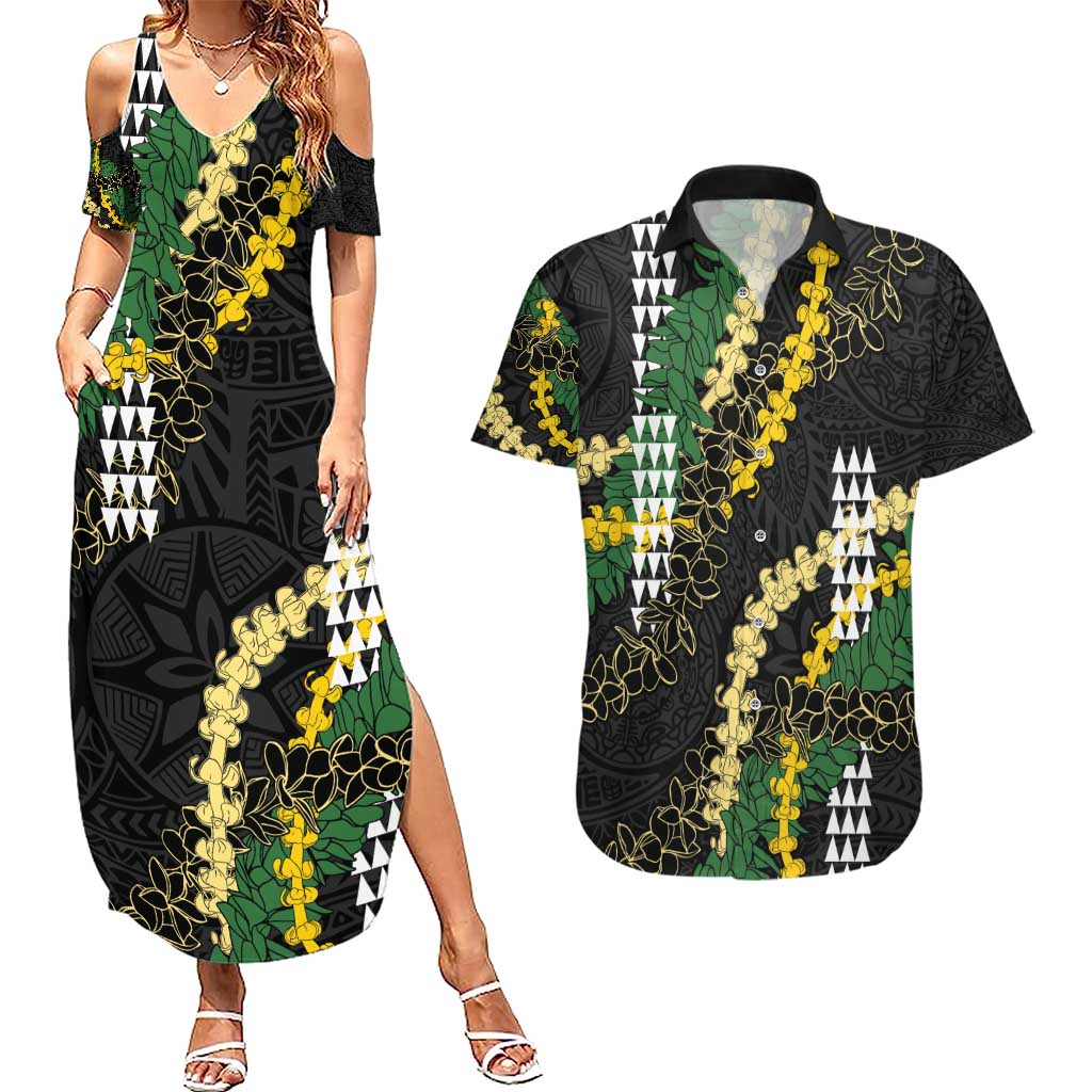 Hawaii Aloha Kakau Couples Matching Summer Maxi Dress and Hawaiian Shirt Puakenikeni and Maile Lei Twist LT7 Black - Polynesian Pride
