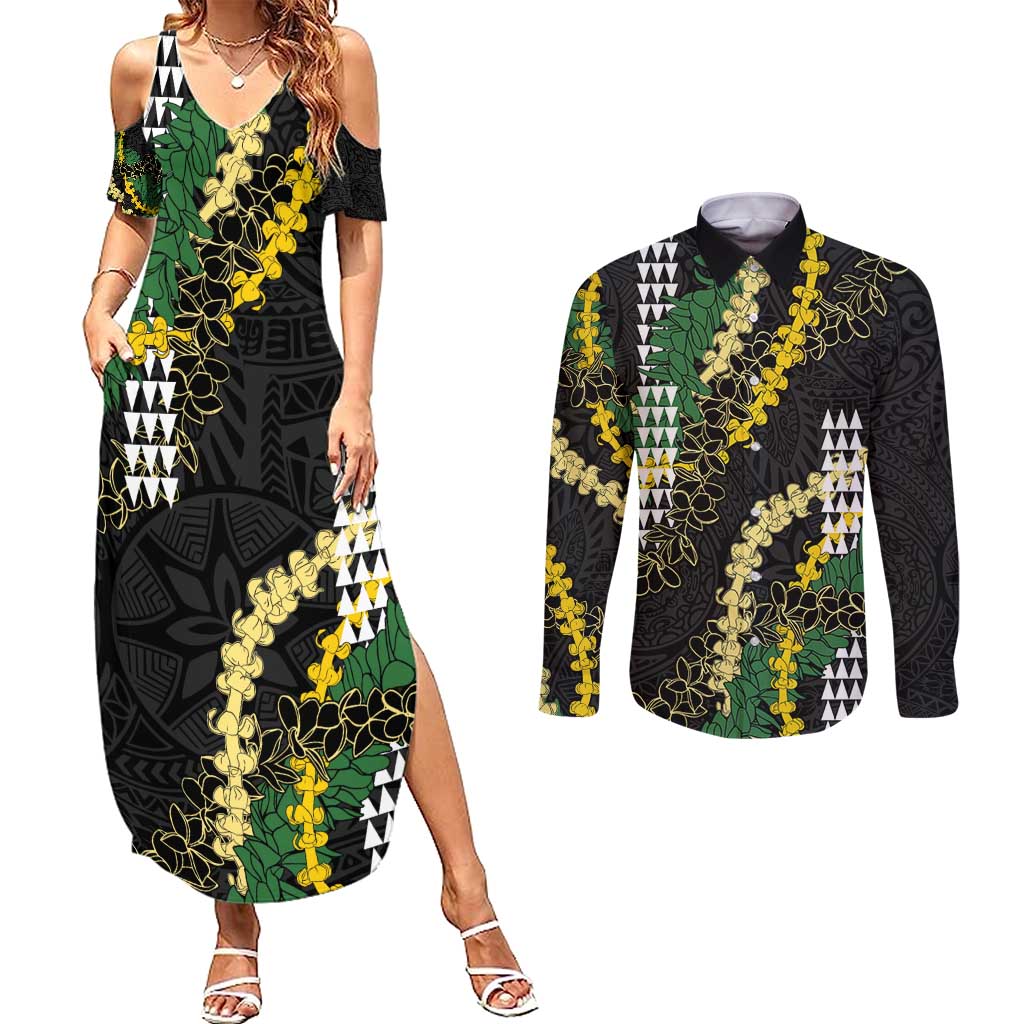 Hawaii Aloha Kakau Couples Matching Summer Maxi Dress and Long Sleeve Button Shirt Puakenikeni and Maile Lei Twist LT7 Black - Polynesian Pride