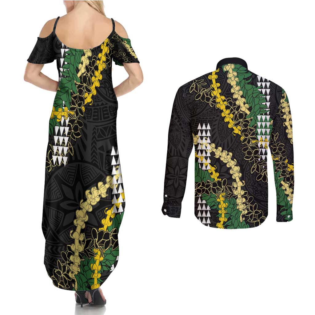 Hawaii Aloha Kakau Couples Matching Summer Maxi Dress and Long Sleeve Button Shirt Puakenikeni and Maile Lei Twist LT7 - Polynesian Pride