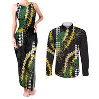 Hawaii Aloha Kakau Couples Matching Tank Maxi Dress and Long Sleeve Button Shirt Puakenikeni and Maile Lei Twist LT7 Black - Polynesian Pride