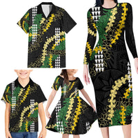 Hawaii Aloha Kakau Family Matching Long Sleeve Bodycon Dress and Hawaiian Shirt Puakenikeni and Maile Lei Twist LT7 - Polynesian Pride