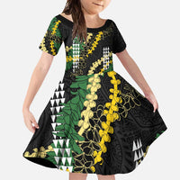 Hawaii Aloha Kakau Family Matching Mermaid Dress and Hawaiian Shirt Puakenikeni and Maile Lei Twist LT7 Daughter's Dress Black - Polynesian Pride