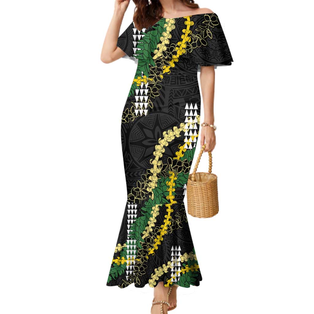 Hawaii Aloha Kakau Family Matching Mermaid Dress and Hawaiian Shirt Puakenikeni and Maile Lei Twist LT7 Mom's Dress Black - Polynesian Pride