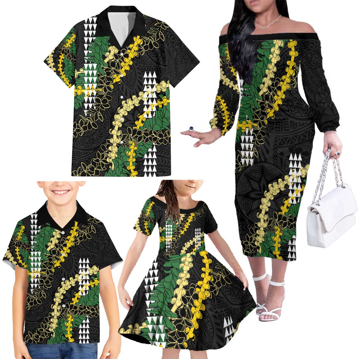 Hawaii Aloha Kakau Family Matching Off The Shoulder Long Sleeve Dress and Hawaiian Shirt Puakenikeni and Maile Lei Twist LT7 - Polynesian Pride